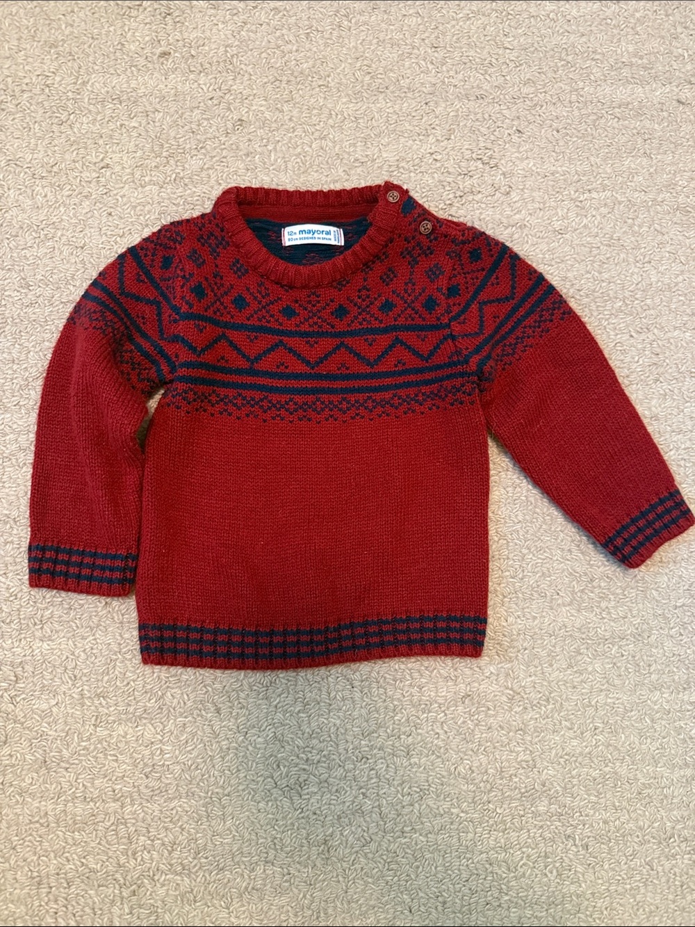 Mayoral Red Crewneck Sweater with Navy Fair Isle Detail